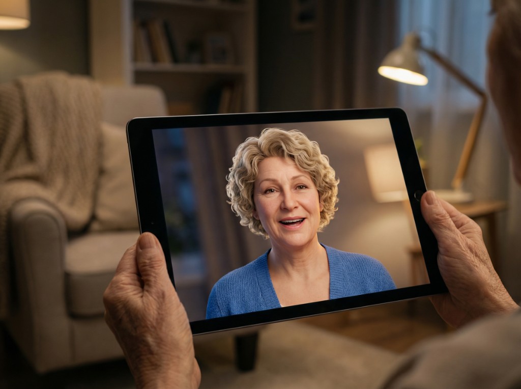 Elderly person interacting with AI avatar on tablet